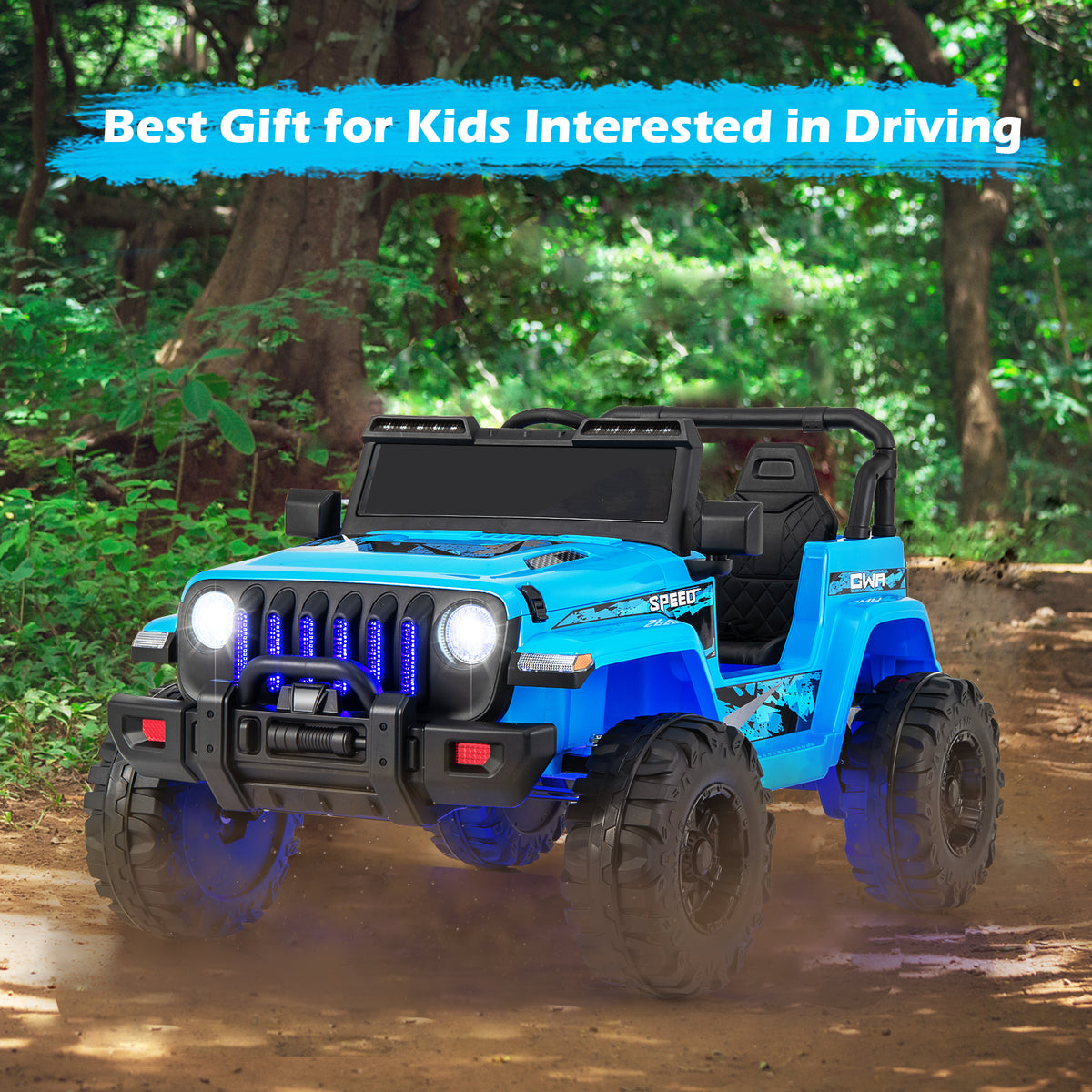 Blue toy jeep on a dirt road with greenery in the background