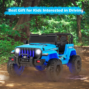 Blue toy jeep on a dirt road with greenery in the background