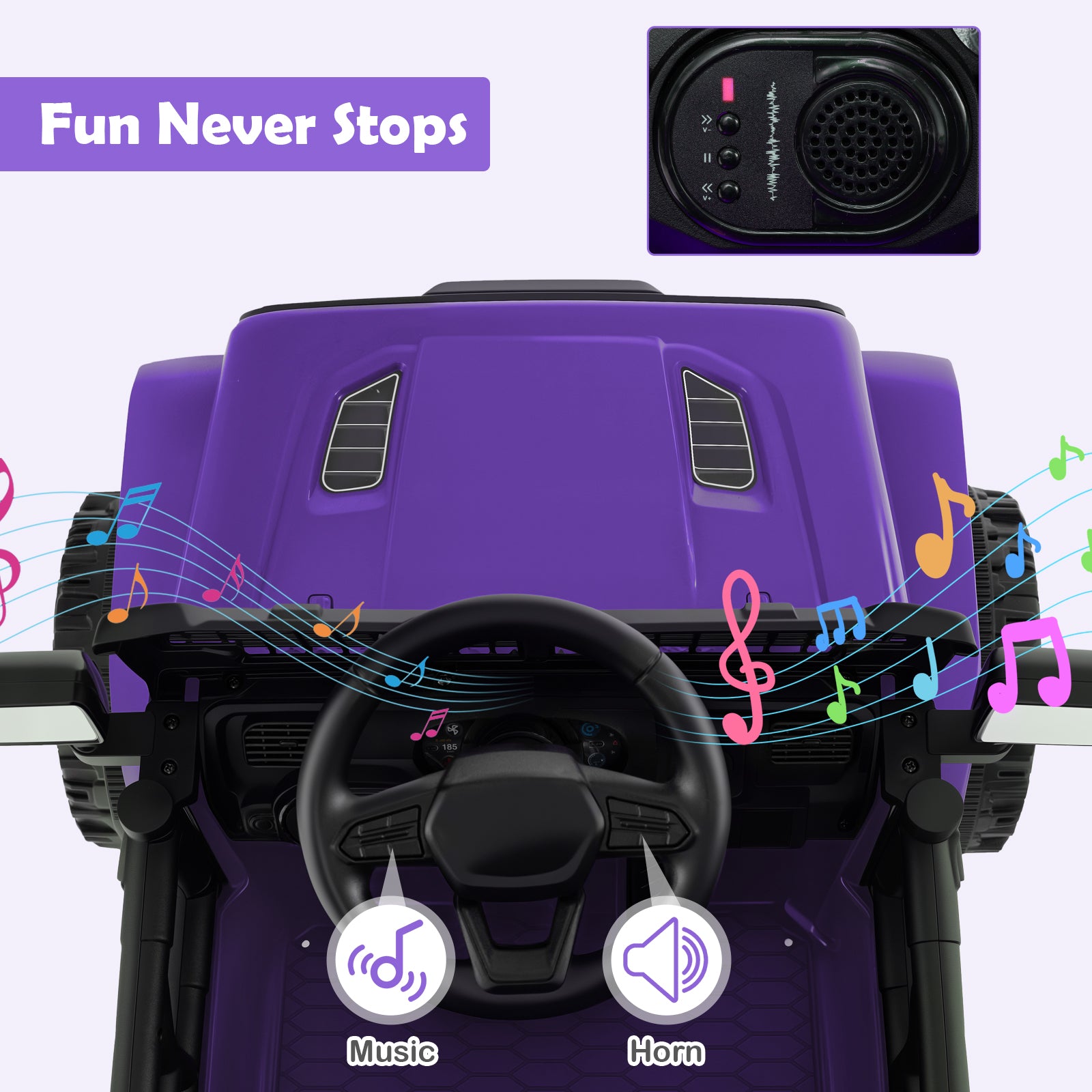 Purple toy car with steering wheel, music notes, and control panel on a light purple background.