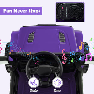 Purple toy car with steering wheel, music notes, and control panel on a light purple background.