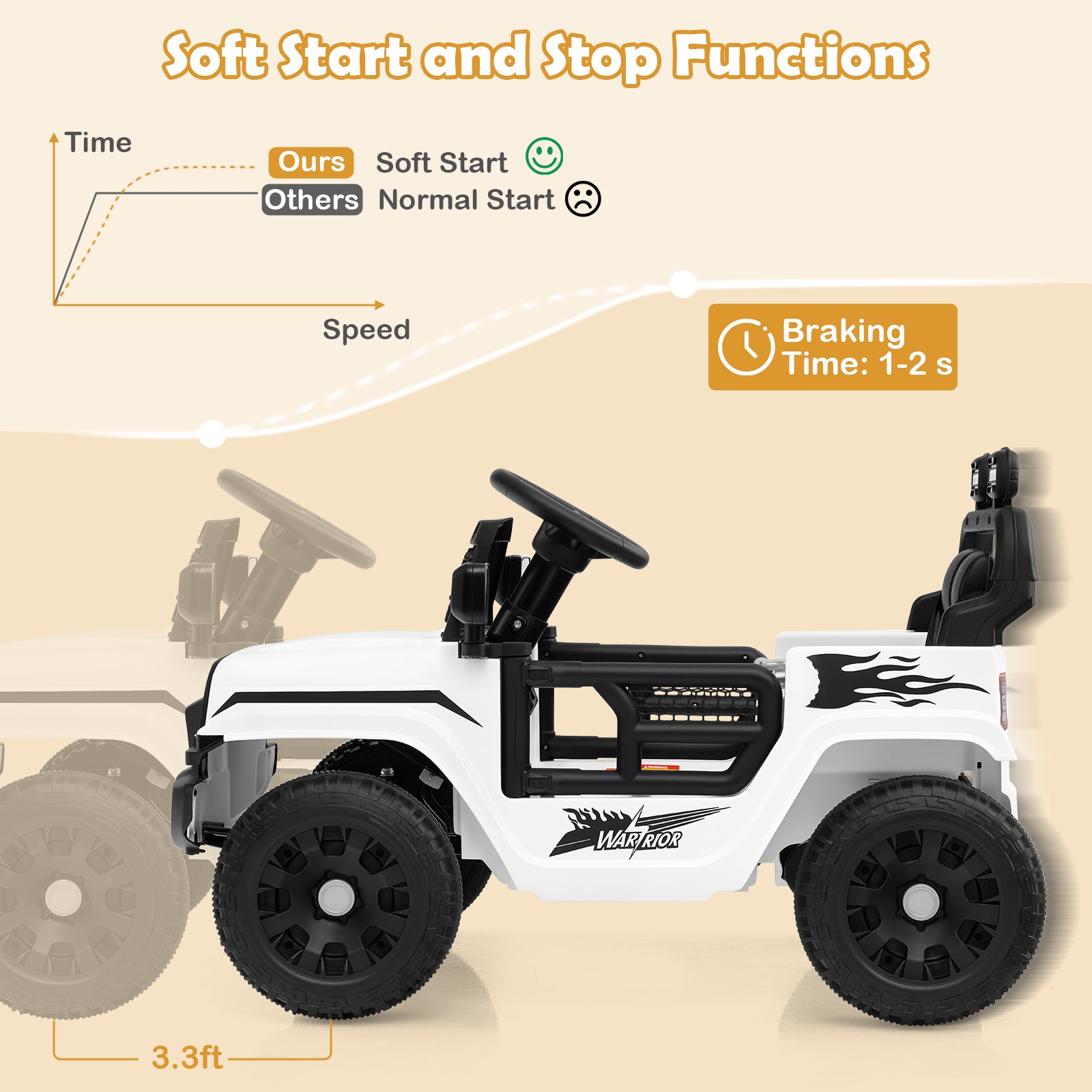 Children's toy car with soft start and stop functions on a beige background