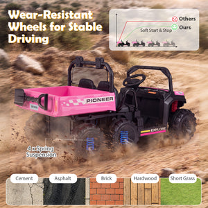 Pink toy ATV with black roof and wheels on a dirt road, featuring text about wear-resistant wheels and suspension.