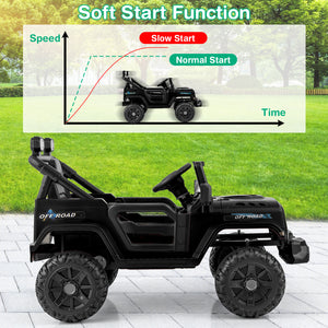 Black off-road toy car with a soft start function diagram on a grassy background