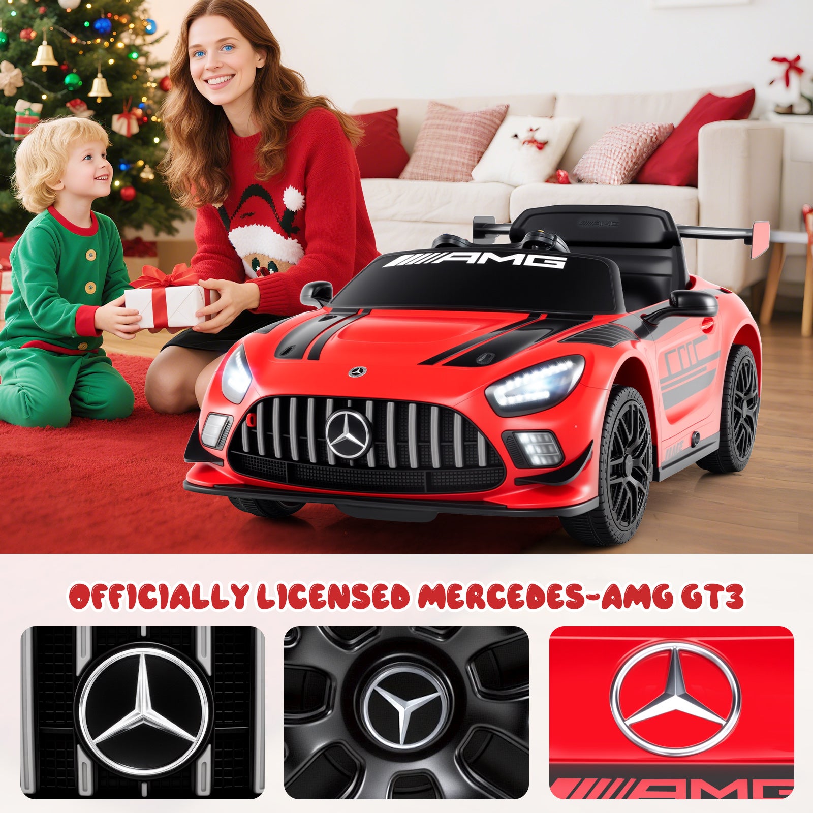 Woman and child with a red Mercedes-AMG toy car in a festive living room.