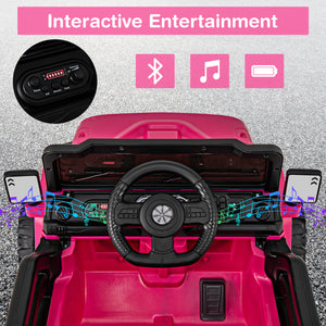 Pink toy car with steering wheel and dashboard, featuring Bluetooth, music, and battery icons.