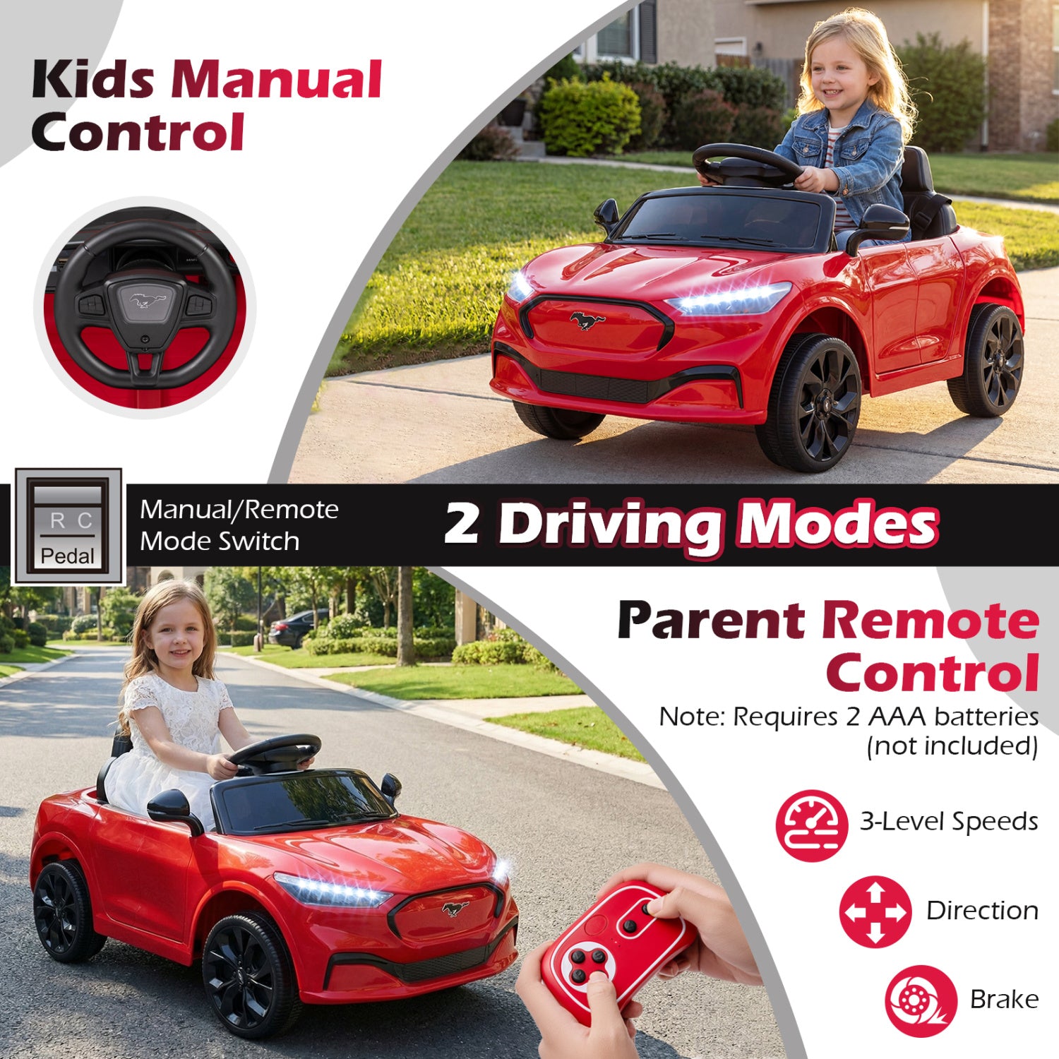 Red toy car with manual and remote control features, shown outdoors.