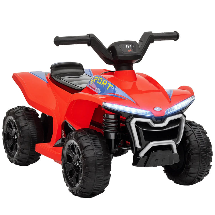 Red toy ATV with black tires on a white background
