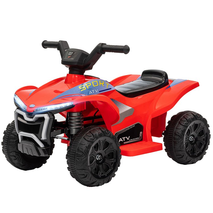 Red toy ATV with black wheels on a white background