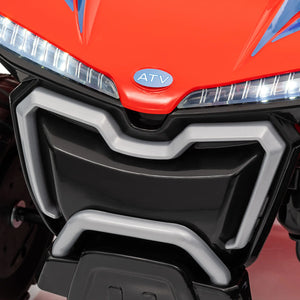 Close-up of a red ATV with a visible brand logo on the headlight.