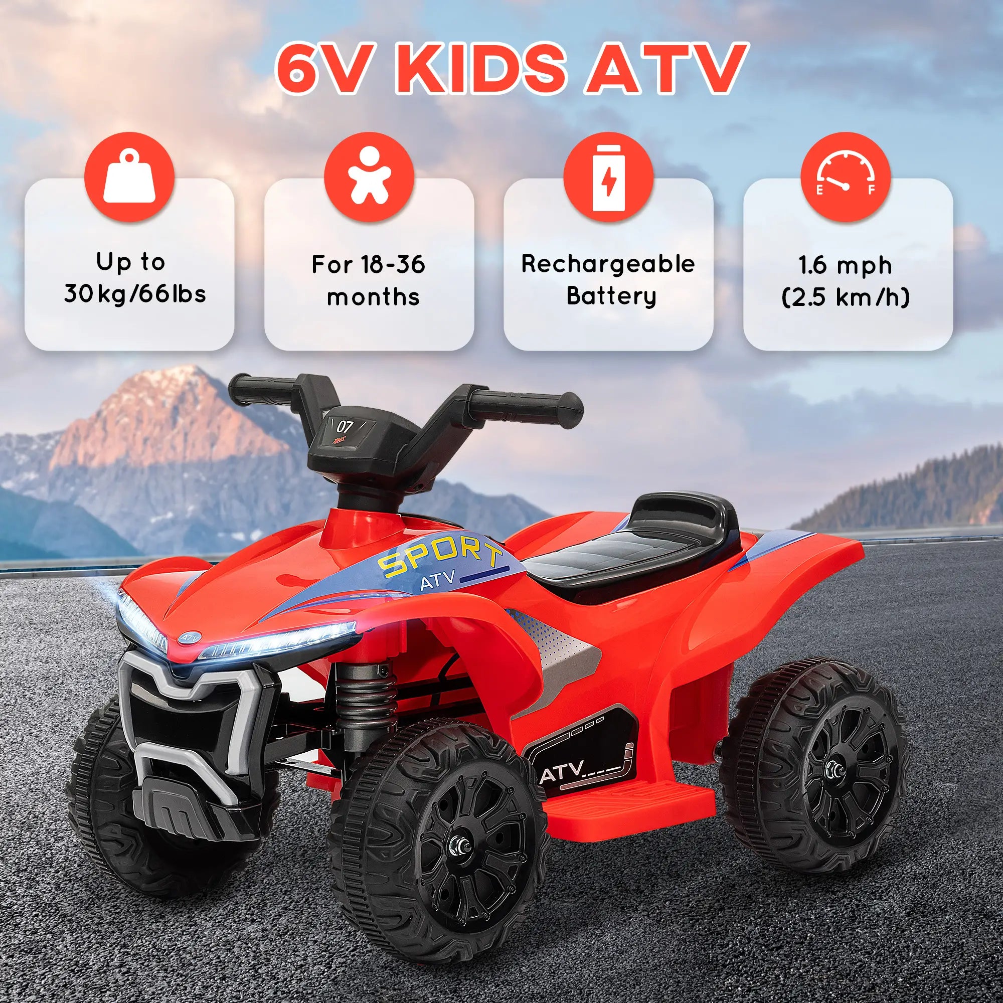 Red kids ATV with specifications on a mountain road background