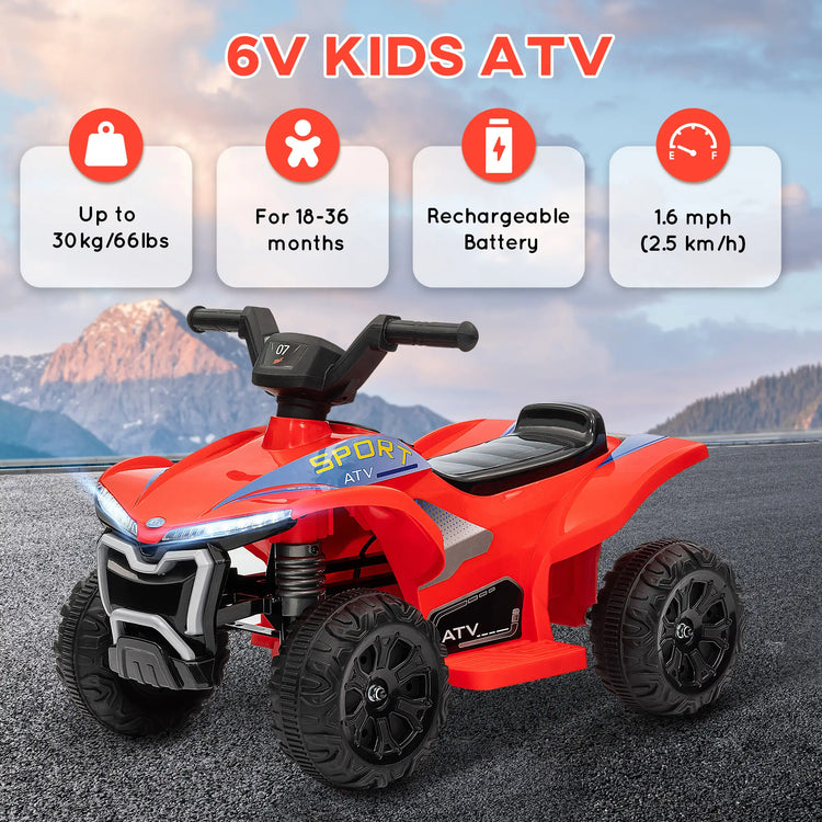 Red kids ATV with specifications on a mountain road background