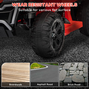 Wear-resistant wheels of a vehicle on a road surface with text indicating suitability for various flat surfaces.