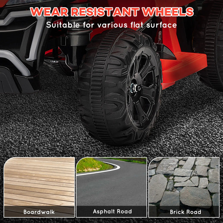 Wear-resistant wheels of a vehicle on a road surface with text indicating suitability for various flat surfaces.