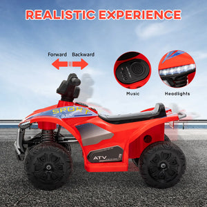 Red ATV toy with features highlighted on a clear sky background