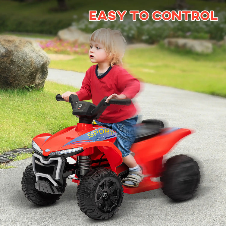 Child riding a red toy ATV with 'EASY TO CONTROL' text above