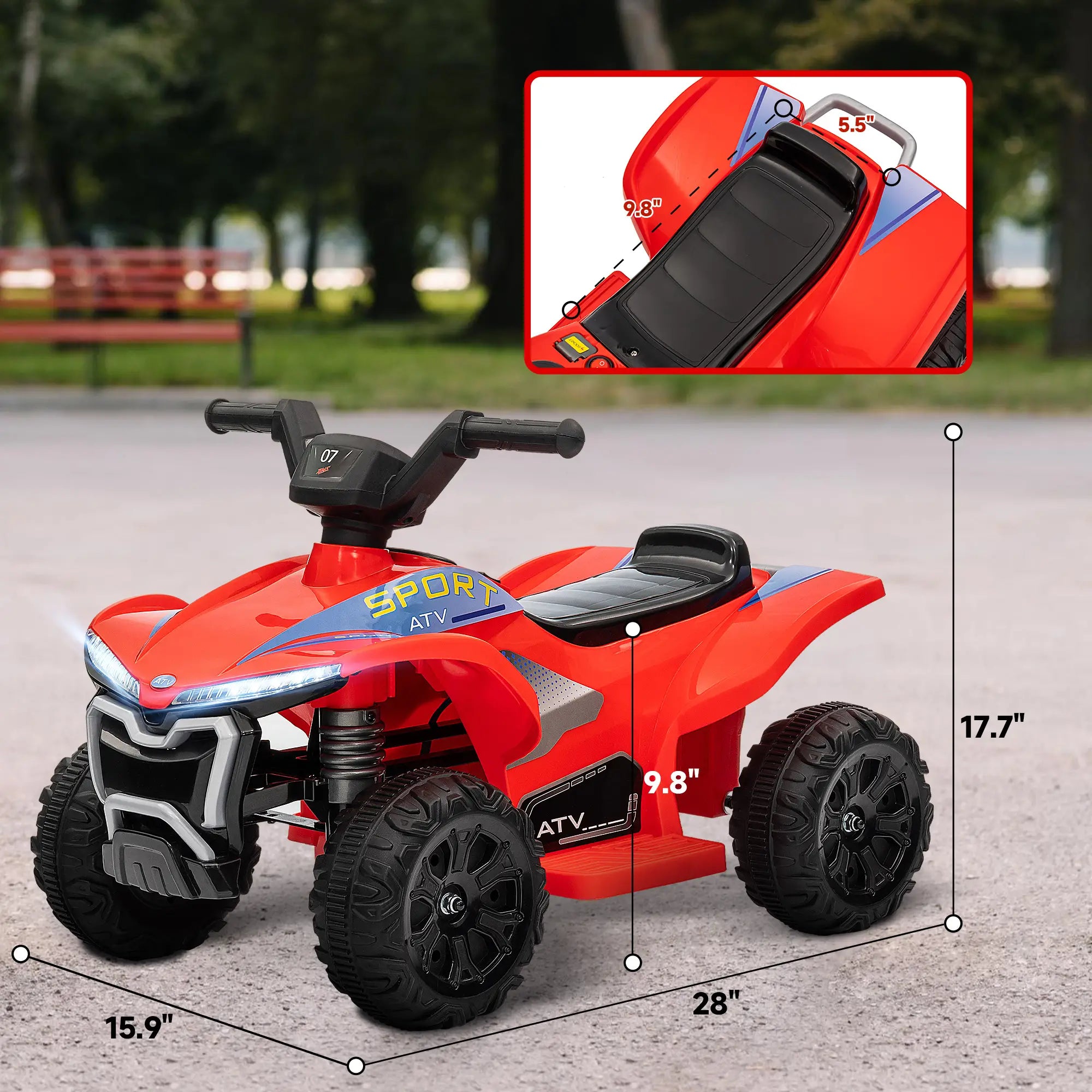 Red toy ATV with dimensions and close-up inset on a blurred outdoor background