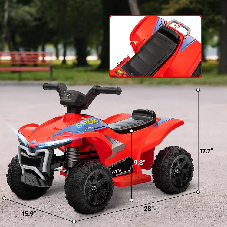 Red toy ATV with dimensions and close-up inset on a blurred outdoor background