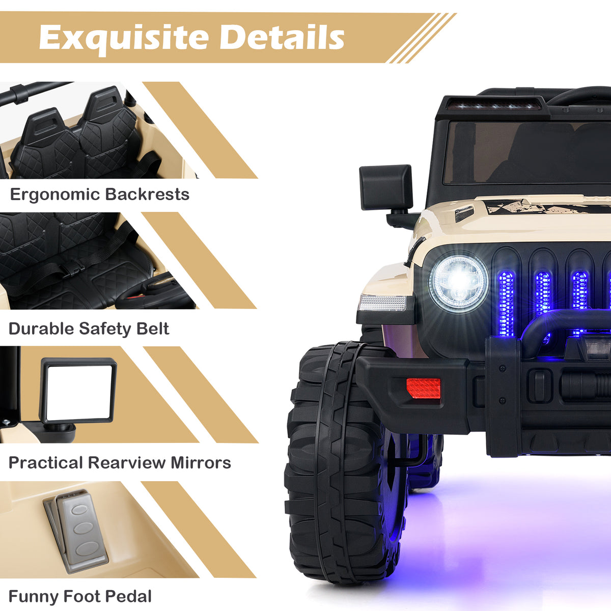 Toy jeep with highlighted features like ergonomic backrests, safety belt, rearview mirrors, and foot pedal on a beige background.