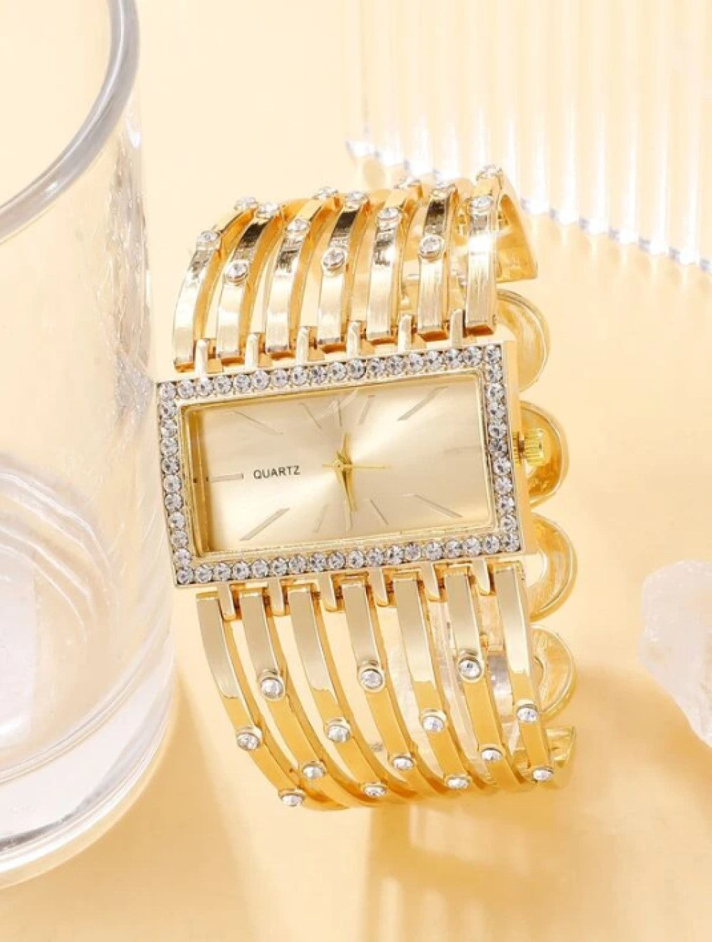 Rhinestone Decor Square Pointer Quartz Watch