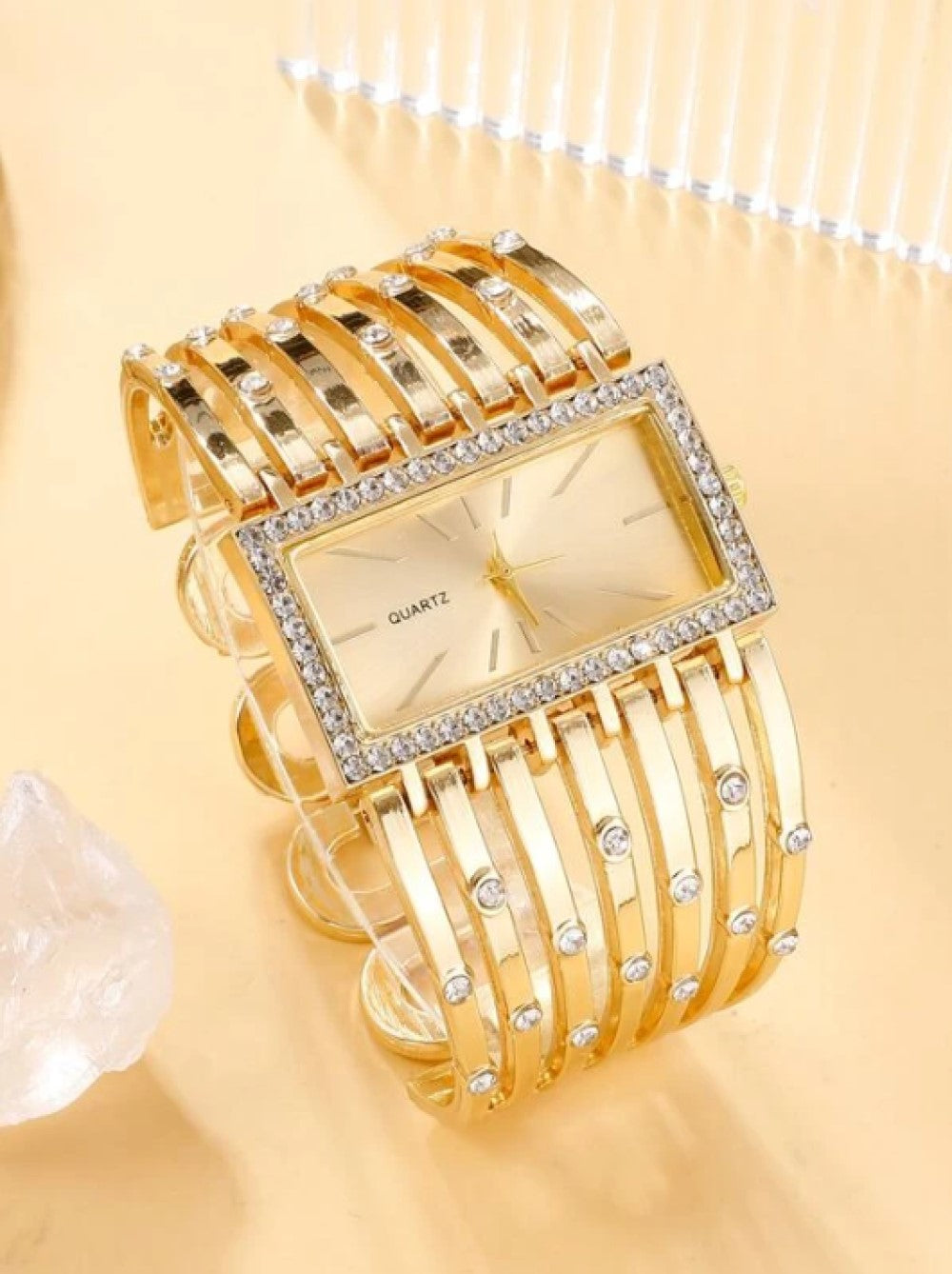 Rhinestone Decor Square Pointer Quartz Watch