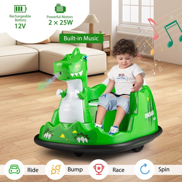 Child sitting in a green dinosaur-shaped ride-on toy in a living room.