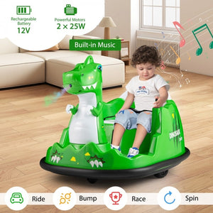 Child sitting in a green dinosaur-shaped ride-on toy in a living room.