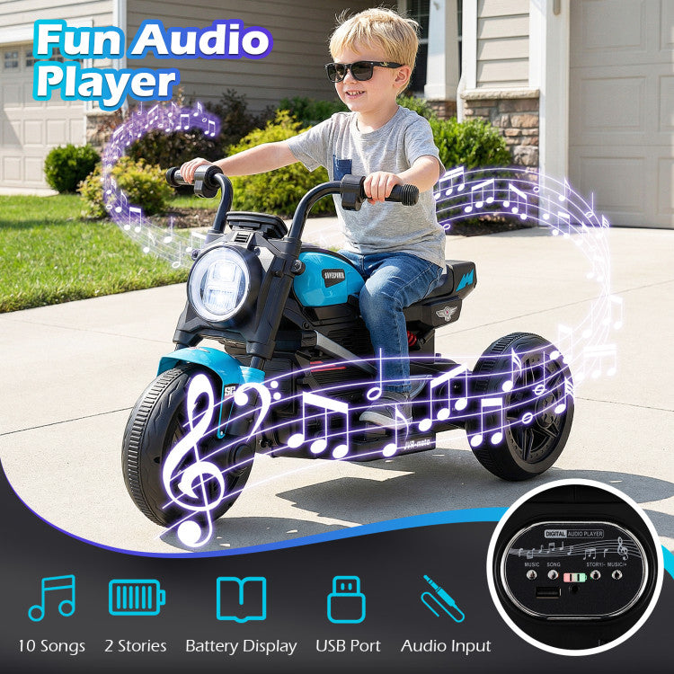 Child riding a toy car with fun audio player features, outdoors.
