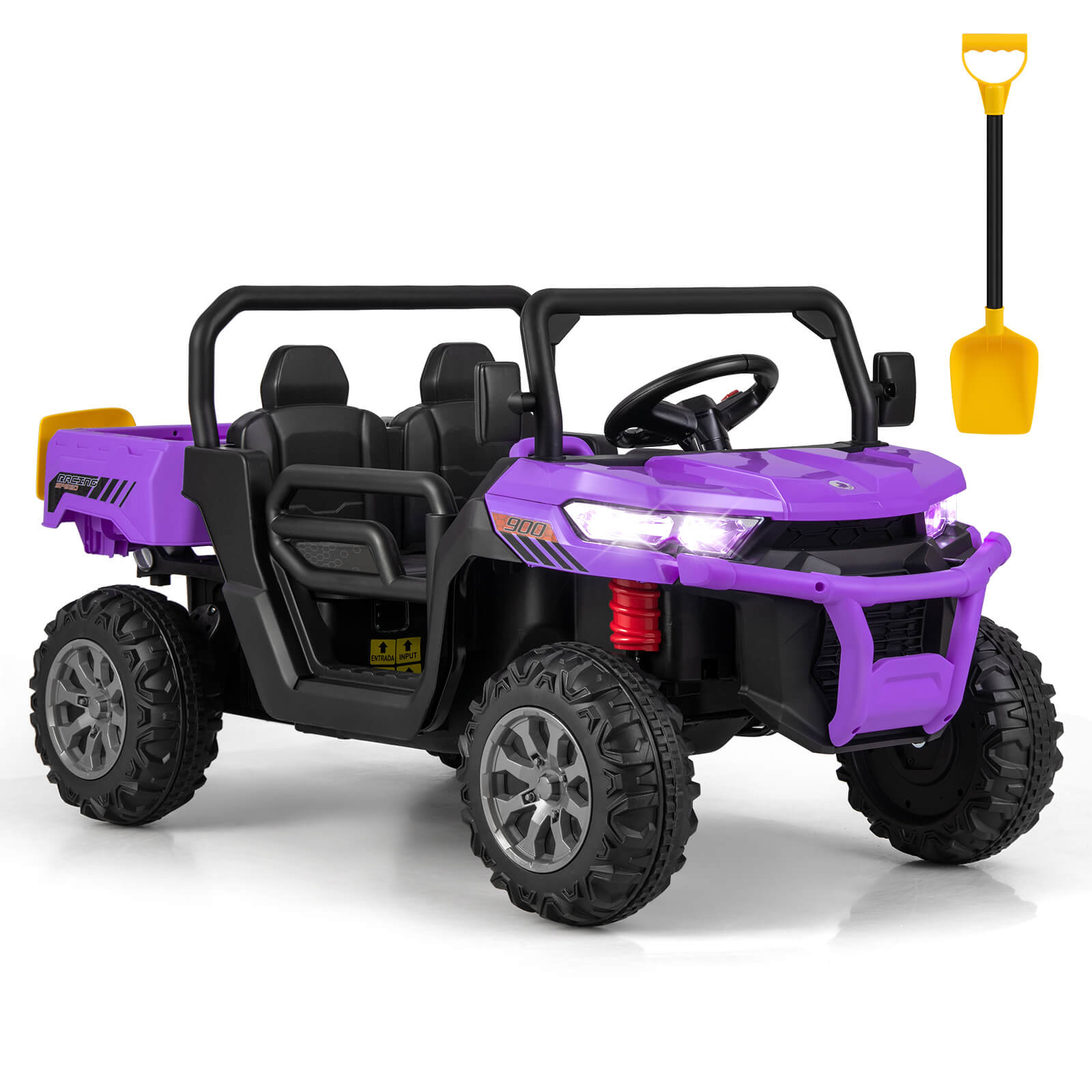 Purple toy off-road vehicle with black seats and a yellow shovel on a white background