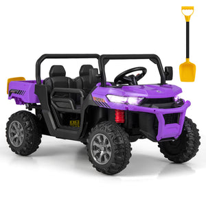 Purple toy off-road vehicle with black seats and a yellow shovel on a white background
