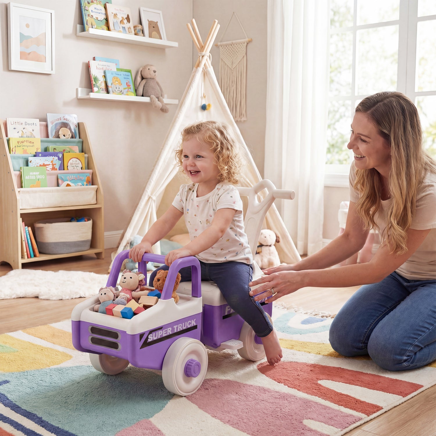 Woman and child playing with a purple toy truck in a room with a teepee and books.
