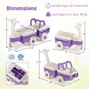 Dimensions of a purple and white toy fashion truck with pull bar on a light yellow background.