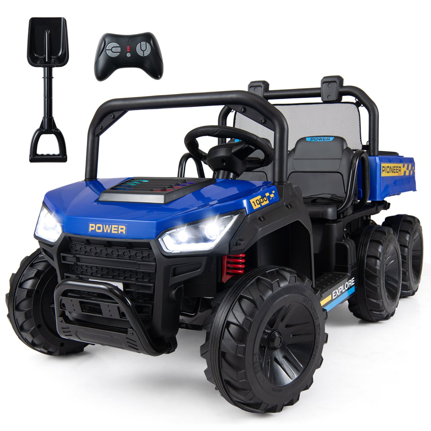 Blue toy off-road vehicle with remote control on a white background
