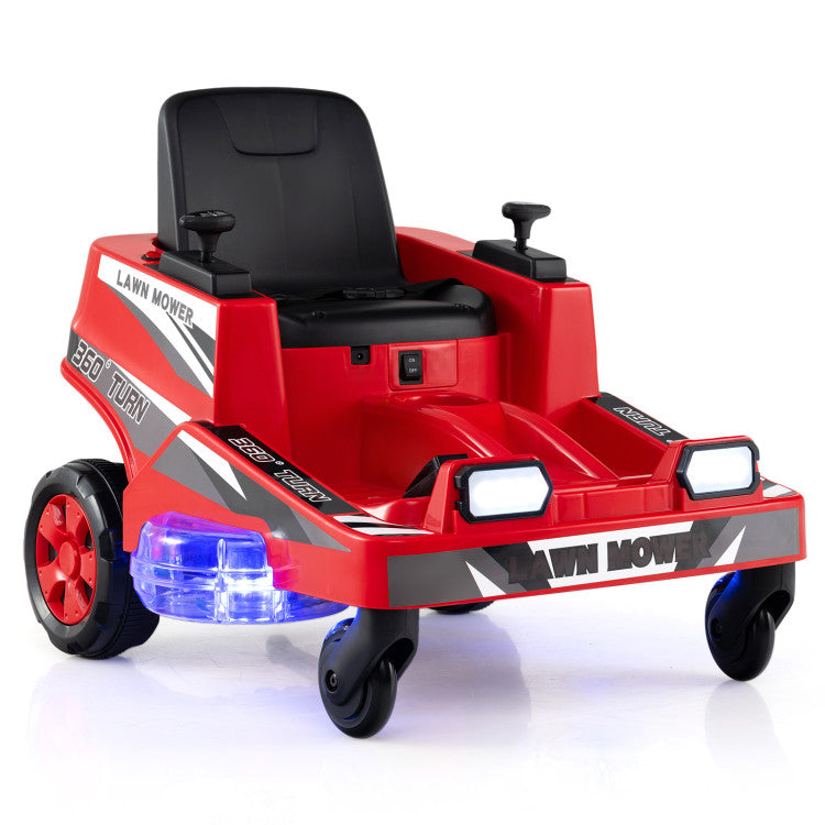 Red toy lawn mower with black seat and blue lights on a white background