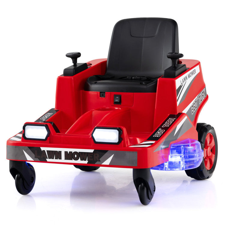 Red toy lawn mower with black seat on a white background