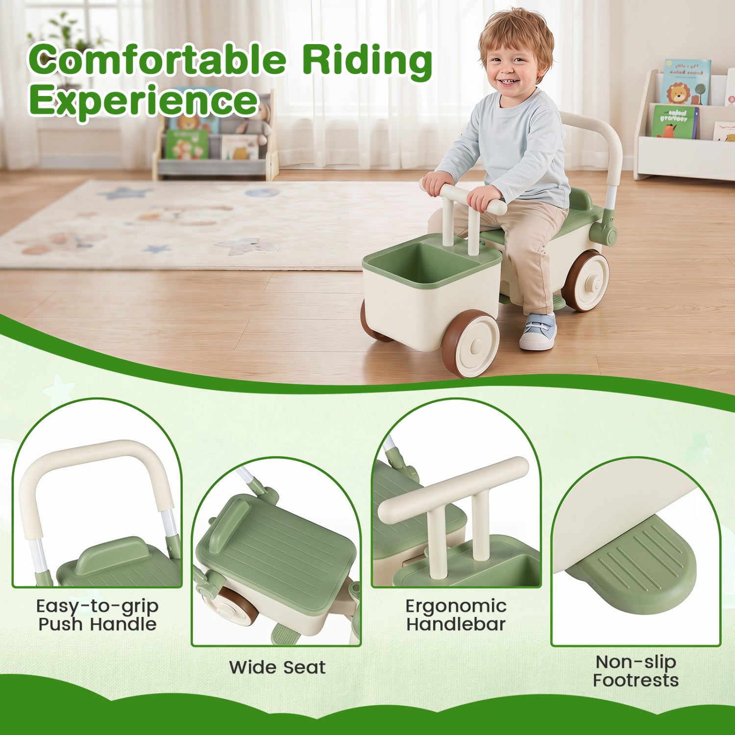 Child sitting on a green and white toy pushchair with features highlighted.