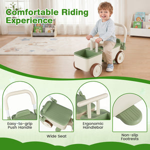 Child sitting on a green and white toy pushchair with features highlighted.