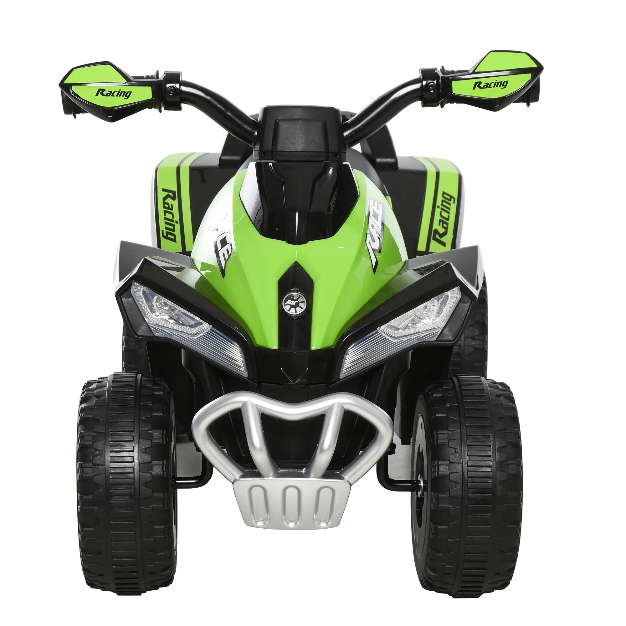 Green and black toy ATV on a white background