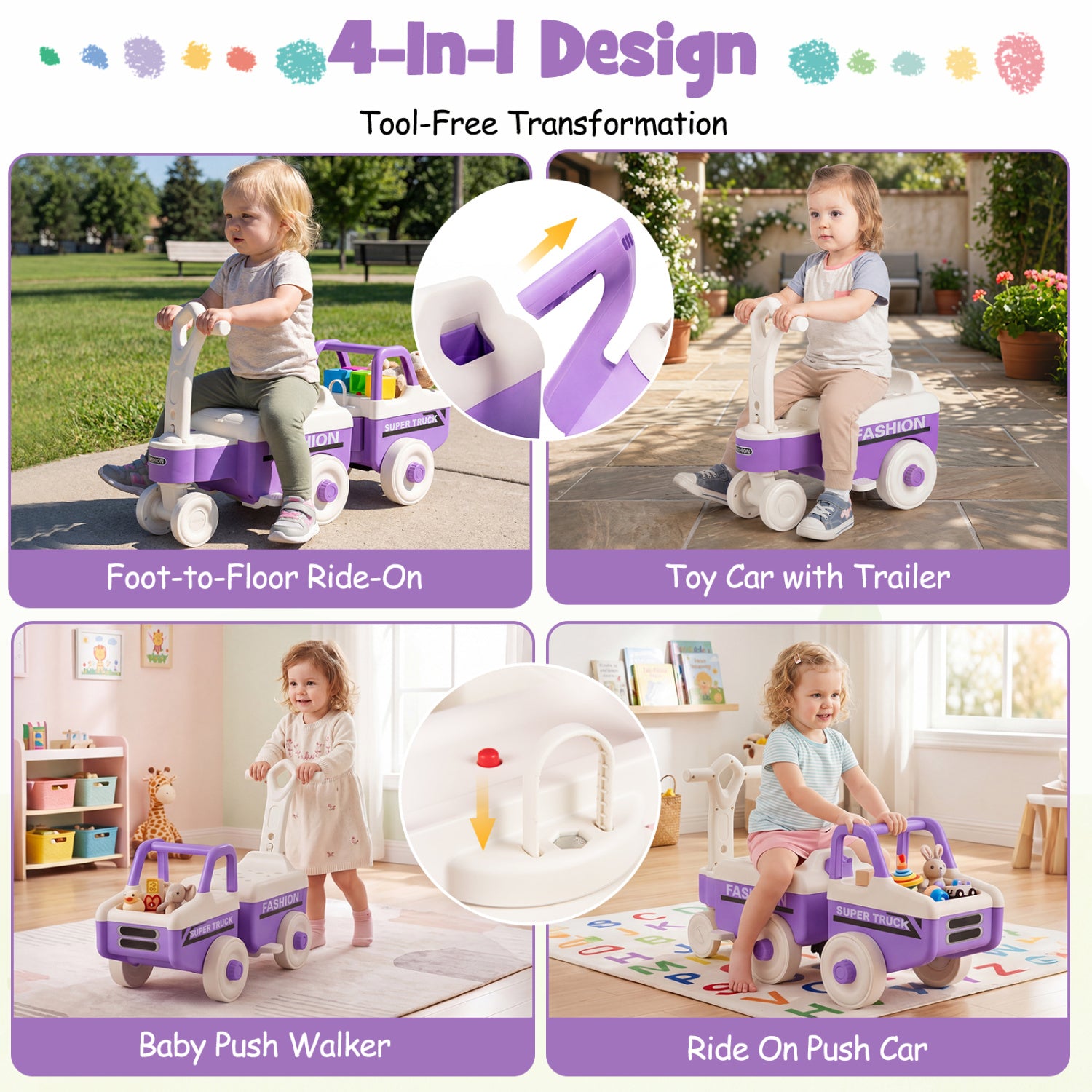 Children playing with a 4-in-1 design toy vehicle in various settings.