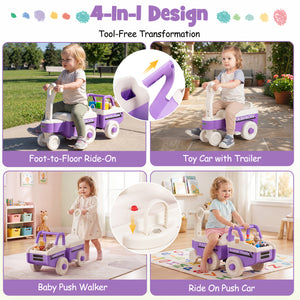Children playing with a 4-in-1 design toy vehicle in various settings.
