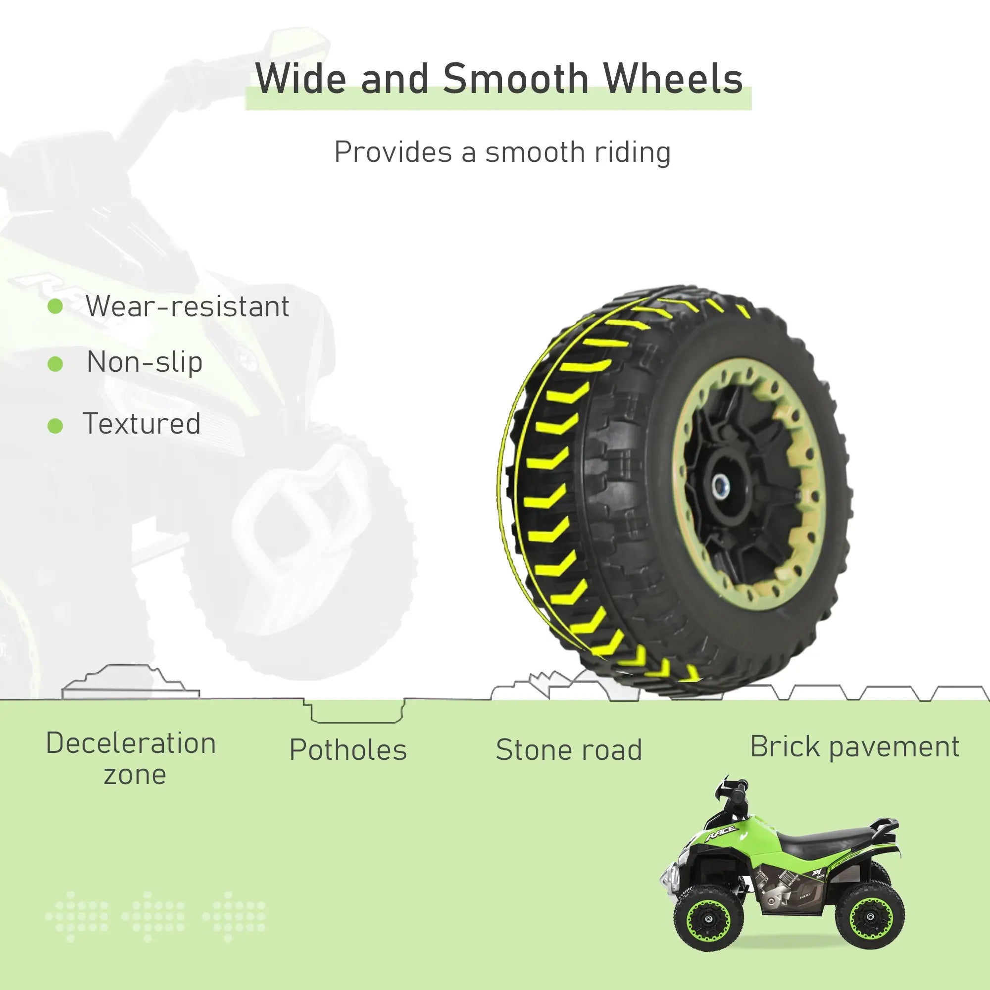 Illustration of a tire with yellow rim on a green background, featuring text about tire features and uses.