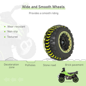 Illustration of a tire with yellow rim on a green background, featuring text about tire features and uses.
