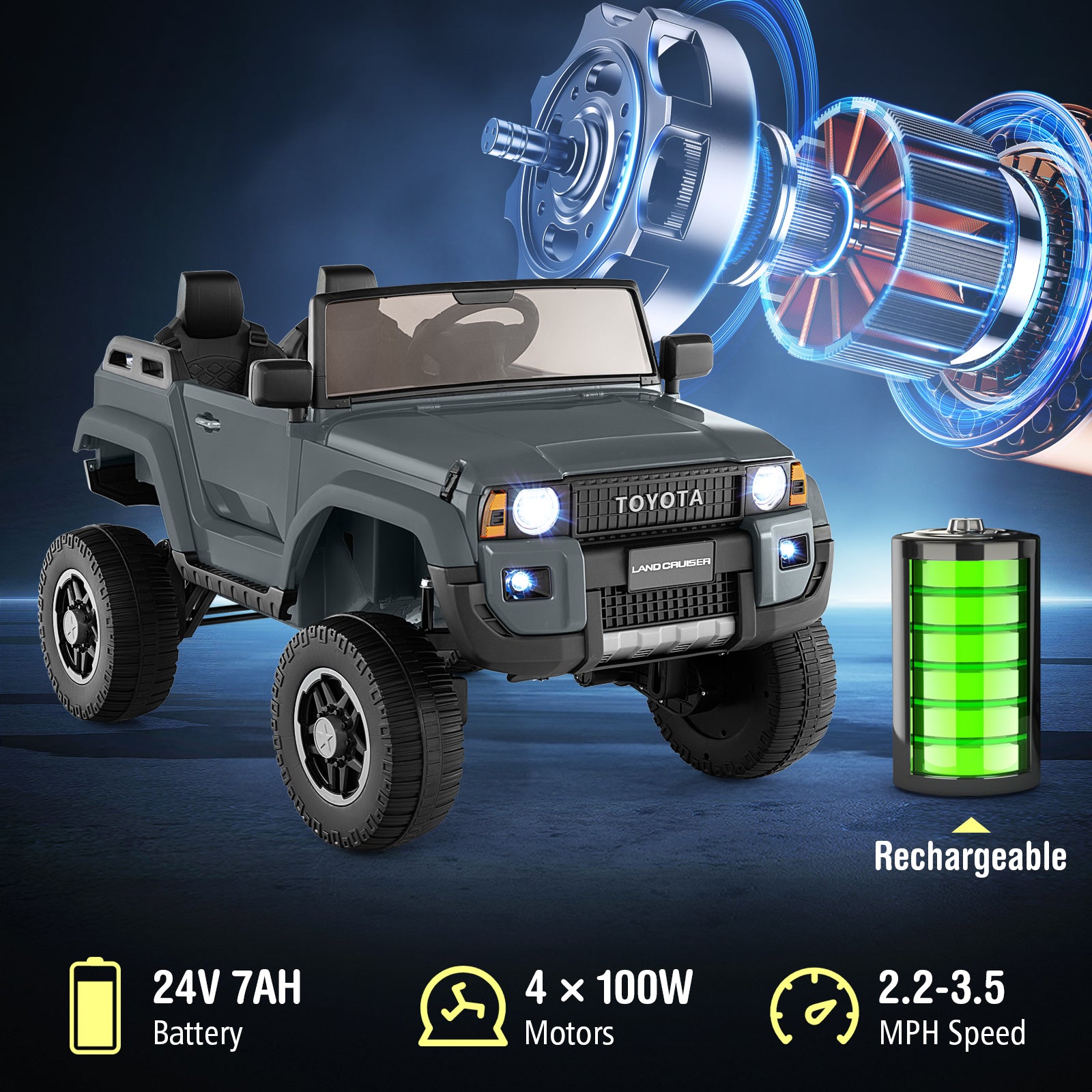 Toy car with rechargeable battery and motor components on a dark background