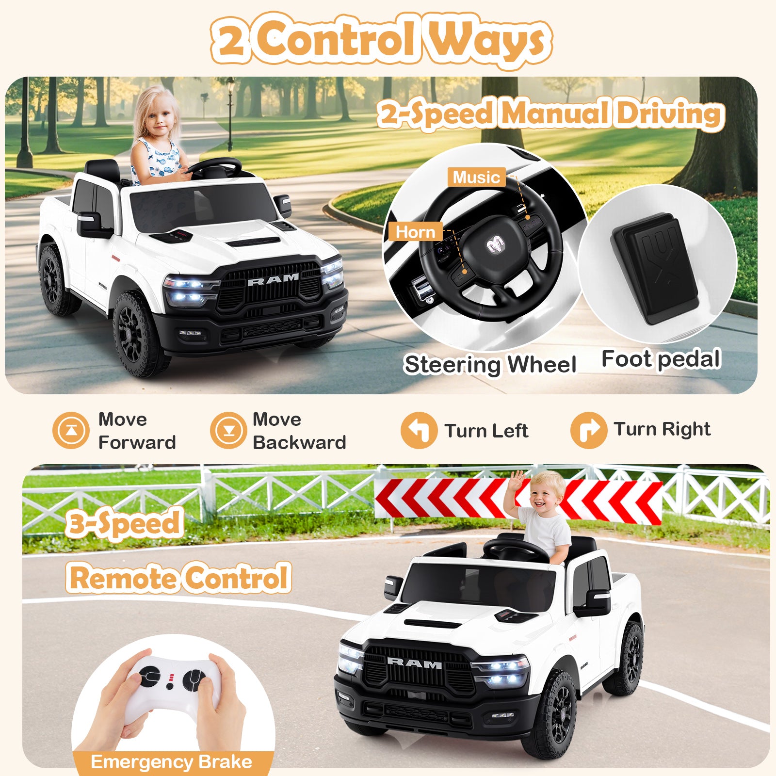Children's toy truck with remote control and manual driving features, including a steering wheel and foot pedal.