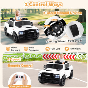 Children's toy truck with remote control and manual driving features, including a steering wheel and foot pedal.