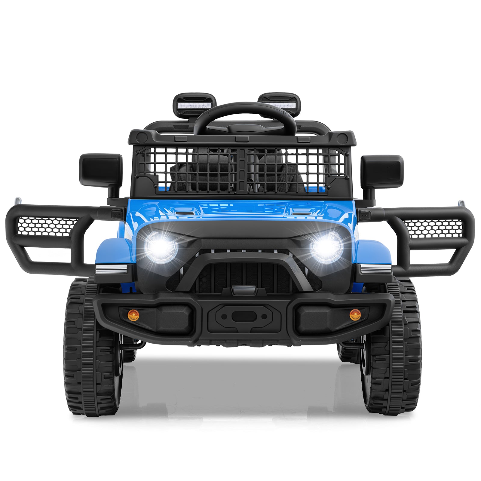 Blue and black toy off-road vehicle on a white background
