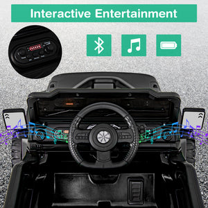 Toy car with steering wheel and dashboard, featuring Bluetooth and music icons, on a textured gray background.