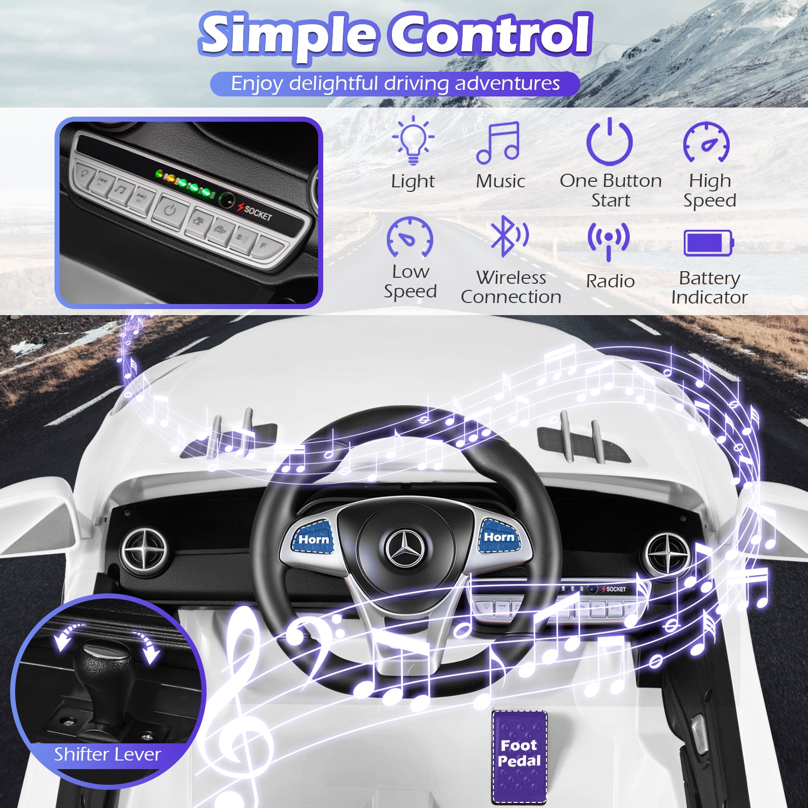 Control panel of a toy car with various functions and a Mercedes-Benz logo.