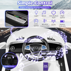 Control panel of a toy car with various functions and a Mercedes-Benz logo.