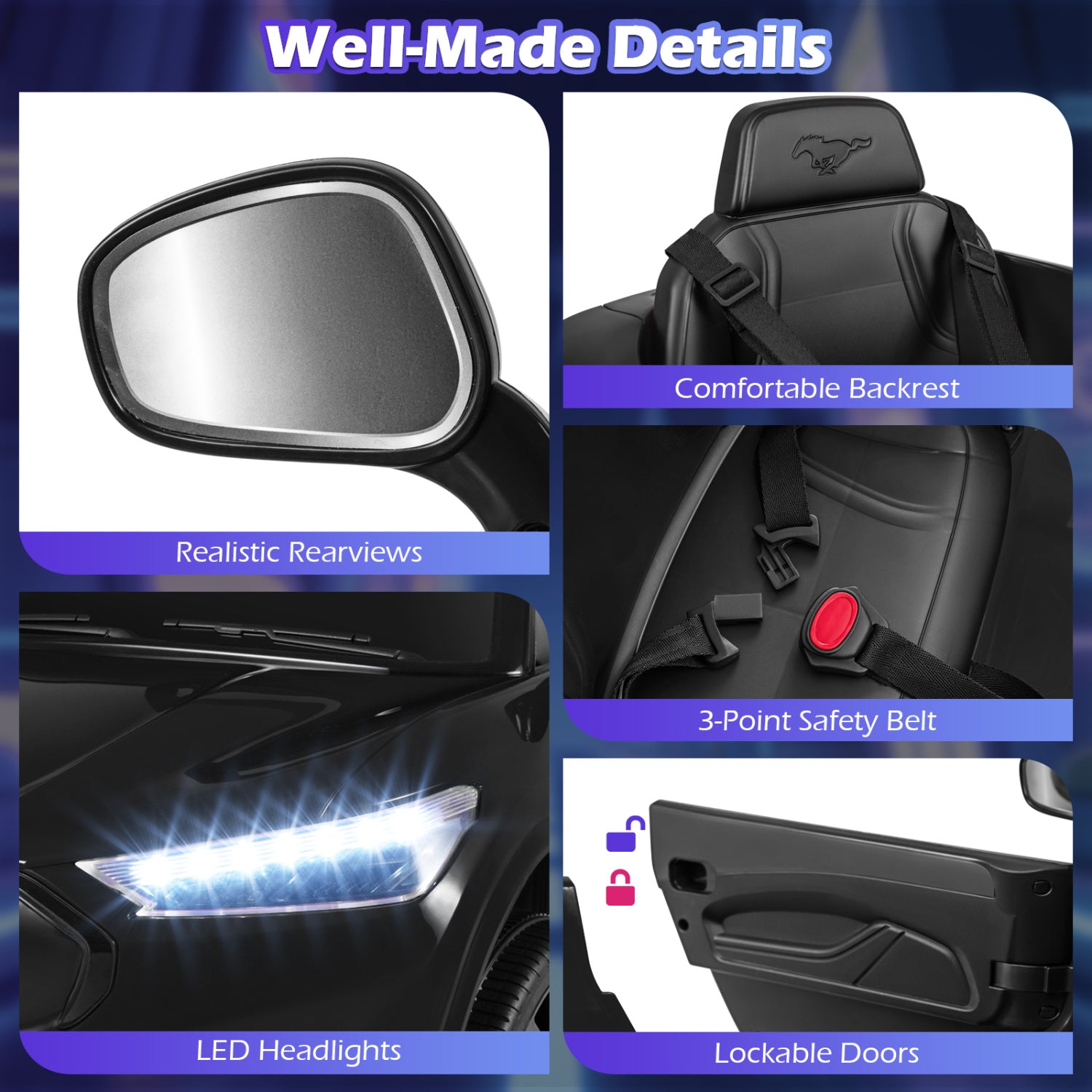 Collage of car features including side mirror, seat, headlights, and door with text highlighting features.