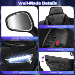Collage of car features including side mirror, seat, headlights, and door with text highlighting features.